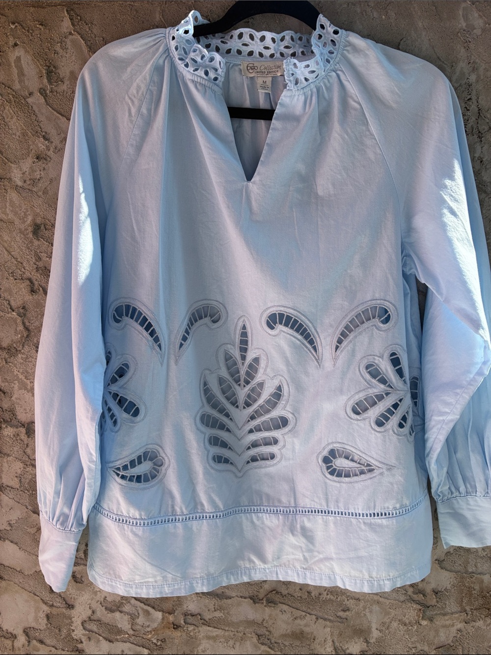 Cato Light Blue Cotton V Neck Eyelet Cutwork Peasant Blouse Sz M